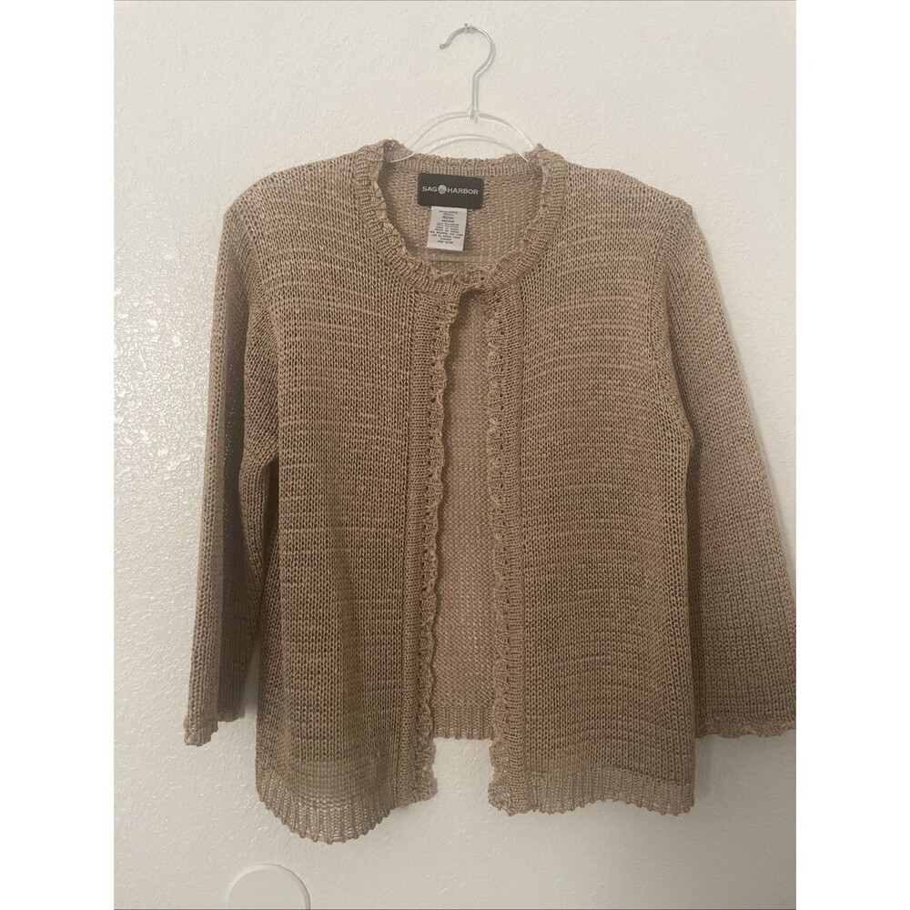 Sag Harbor Women’s Open Knit 3/4 Sleeve Cardigan Sweater M Medium Gold Tone